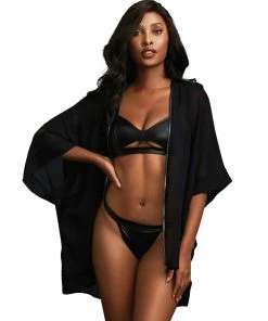 Dreamgirl International Lingerie Sets 3-Piece Chiffon Robe Faux Leather Bralette Thong Set