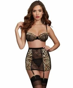 Dreamgirl International 3-Piece Garter Set With Cheetah Print Satin Charmeuse Details Bras & Bralette Sets