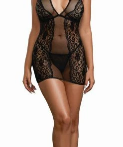 Dreamgirl International Babydolls & Chemises Baby Fishnet And Lace Halter Chemise With Matching G-String