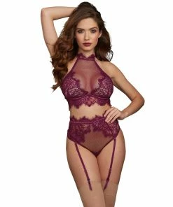 Dreamgirl International Bra With Halter Neckline And Matching High-Waisted Garter Panty LINGERIE