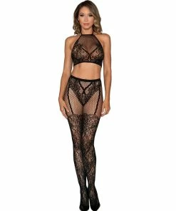 Dreamgirl International What's New Bralette & Pantyhose Bodystocking Set With Knitted Lace Detail
