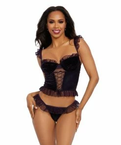 Dreamgirl International Sheer Mesh Bustier & Thong Set With Ruffle & Lace-Up Detail Babydolls & Chemises