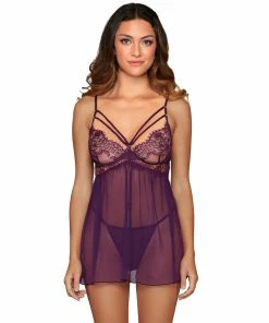 Dreamgirl International Eyelash Lace Babydoll & G-String Set With Strappy Neck & Gold Ring Details