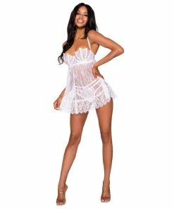 Dreamgirl International Eyelash Lace Babydoll & G-String Set With Underwire Balconette Bra Support