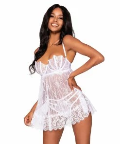 Dreamgirl International Eyelash Lace Babydoll & G-String Set With Underwire Balconette Bra Support