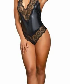 Dreamgirl International LINGERIE Faux Leather Halter Bodysuit With Thong Back