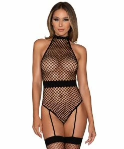 Dreamgirl International Fence Net Garter Teddy With Halter Neckline & Snap Neck Closure What's New
