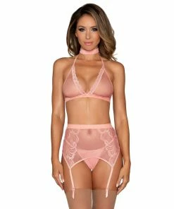 Dreamgirl International Fishnet & Lace 4-Piece Halter Bralette & Garter Belt Set With Stretch Velvet Trim Accents