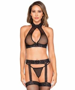 Dreamgirl International What's New Three-Piece Fishnet & Lace Hosiery Bodystocking Set With Snap Neck & Tie Back Closure