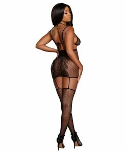 Dreamgirl International Fishnet & Lace Two-Piece Bralette & Garter Dress Set Babydolls & Chemises