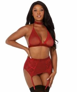 Dreamgirl International Fishnet & Lace Velvet Trims Halter Bralette & Garter Belt