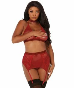 Dreamgirl International Fishnet & Lace Velvet Trims Halter Bralette & Garter Belt