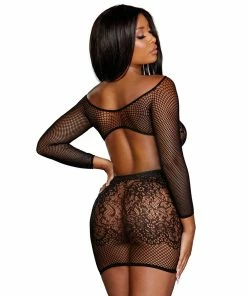 Dreamgirl International LINGERIE Fishnet & Lace Versatile Long-Sleeved Chemise