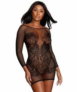 Dreamgirl International LINGERIE Fishnet & Lace Versatile Long-Sleeved Chemise