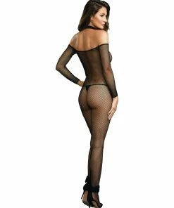 Dreamgirl International Fishnet Off-The-Shoulder Bodystocking With Attached Collar