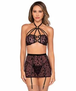 Dreamgirl International Flocked Cheetah Print Mesh Garterskirt Set With Strappy O-Ring Front Detail