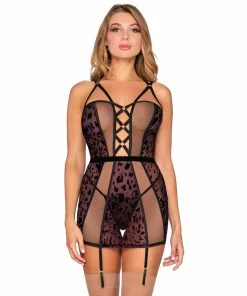 Dreamgirl International Flocked Cheetah Print Mesh Halter Garter Slip With Criss-Cross Double Shoulder Straps What's New