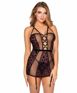 Dreamgirl International Flocked Cheetah Print Mesh Halter Garter Slip With Criss-Cross Double Shoulder Straps What's New