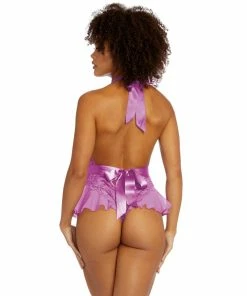 Dreamgirl International Bridal Collection Halter Scalloped Teddy With Fluttery Ruffles At Hip