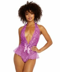 Dreamgirl International Bridal Collection Halter Scalloped Teddy With Fluttery Ruffles At Hip