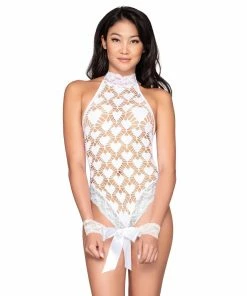 Dreamgirl International What's New Heart Patterned Fence Net Seamless Teddy Set With Wrist Restraints