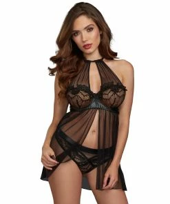 Dreamgirl International LINGERIE High Neck Halter Flyaway Front Babydoll