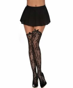 Dreamgirl International Knitted Lace Thigh High Stockings With Satin Bow Detail