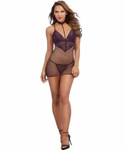 Dreamgirl International Babydolls & Chemises Lace And Fishnet Chemise With Stretch Lace Collar