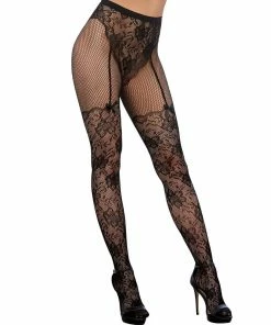 Dreamgirl International Lace And Fishnet Pantyhose With High-Waisted Lace Panty Design Babydolls & Chemises