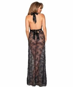 Dreamgirl International Lace Halter Gown Set With Scalloped-Edge Trim & High Side Slit Detail