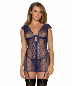 Dreamgirl International What's New Lace & Mesh Garter Slip Set With Plunging Neckline & Matching G-String