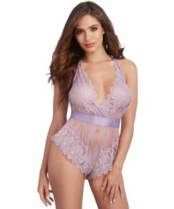 Dreamgirl International Lace Romper With Eyelash Lace Trim And Open Back LINGERIE