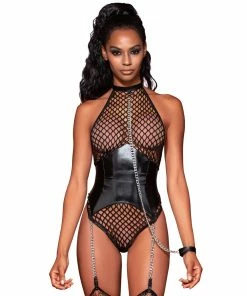 Dreamgirl International What's New Large Fishnet Corset-Style Halter Teddy With Attached Collar & Chain Leash Accent