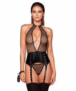 Dreamgirl International Large Fishnet & Faux-Leather Garterslip, G-String & Wrist Restraint Set With Plunging Halter Neckline