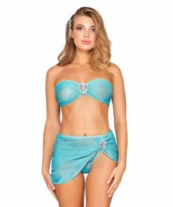 Dreamgirl International Mermaid-Themed Sparkle Mesh Bandeau Bralette & Mini Skirt Set With Sequin Starfish Hair Clip