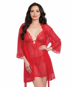 Dreamgirl International Mesh Chemise & Robe Set With Matching G-String
