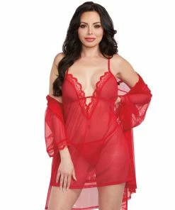 Dreamgirl International Mesh Chemise & Robe Set With Matching G-String