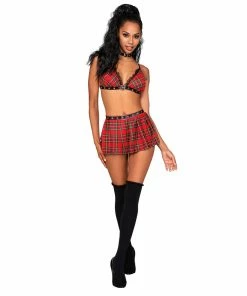 Dreamgirl International What's New Naughty Schoolgirl-Themed Plaid Bralette Mini Skirt & Choker Set With Leather Trim Details