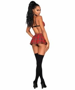 Dreamgirl International What's New Naughty Schoolgirl-Themed Plaid Bralette Mini Skirt & Choker Set With Leather Trim Details
