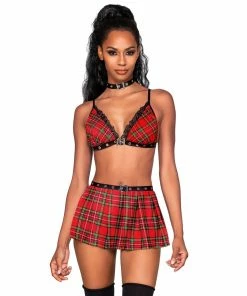 Dreamgirl International What's New Naughty Schoolgirl-Themed Plaid Bralette Mini Skirt & Choker Set With Leather Trim Details