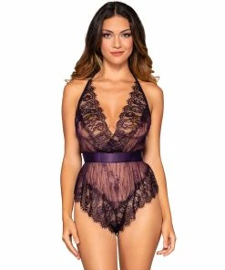 Dreamgirl International What's New Open Back Lace Romper With Eyelash Lace Trim & Ribbon Tie Closure