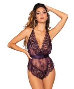 Dreamgirl International What's New Open Back Lace Romper With Eyelash Lace Trim & Ribbon Tie Closure