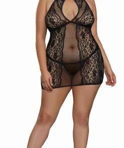 Dreamgirl International Babydolls & Chemises Plus Size Baby Fishnet And Lace Halter Chemise With G-String