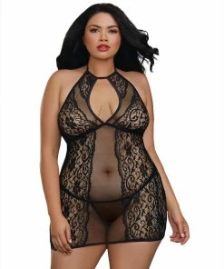 Dreamgirl International Babydolls & Chemises Plus Size Baby Fishnet And Lace Halter Chemise With G-String