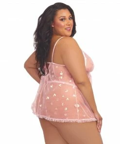 Dreamgirl International Plus Size Babydoll & G-String Lingerie Set With Sequin Hearts & Ruffle Detail Babydolls & Chemises