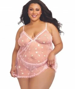 Dreamgirl International Plus Size Babydoll & G-String Lingerie Set With Sequin Hearts & Ruffle Detail Babydolls & Chemises