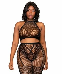 Dreamgirl International Plus Size Bralette & Pantyhose Bodystocking Set With Knitted Lace Detail
