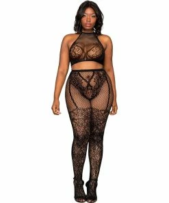 Dreamgirl International Plus Size Bralette & Pantyhose Bodystocking Set With Knitted Lace Detail