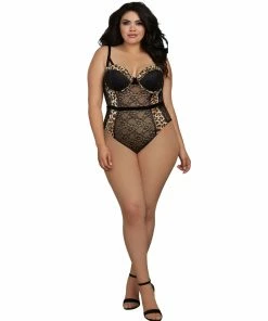 Dreamgirl International Plus Size Cheetah Print Stretch Lace And Mesh Teddy