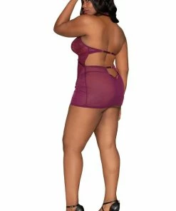 Dreamgirl International Plus Size Contemporary Lace & Mesh Chemise Set With Halter Neckline